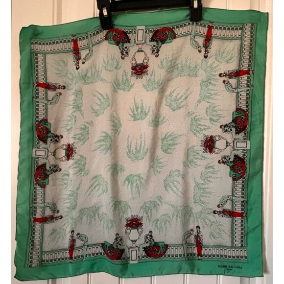 Pierre Baccara Accessories - Vintage Pierre Baccara Paris Silk Scarf Hand Rolled Mint Green 1970s Figurative